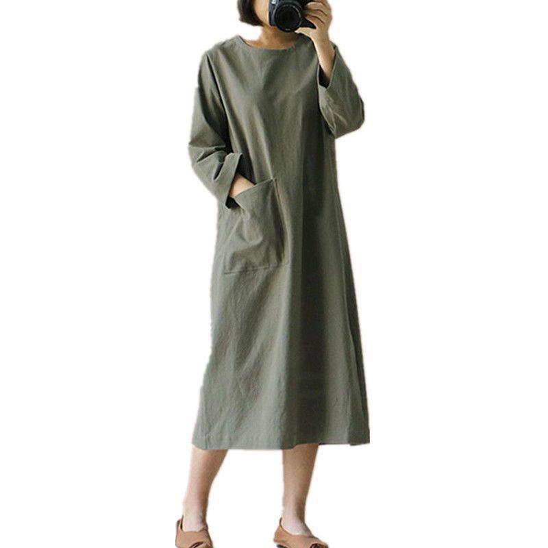 

Осеннее платье Mori Girl из хлопка и льна с длинными рукавами и круглым вырезом в стиле ретро 2023 года, размер плюс 2XL армия зеленый