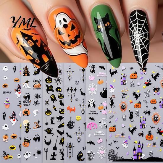 5D Embossed Nail Decals Halloween Art Stickers, Skull Pumpkin Ghost Relief Supplies Decals, Waterproof Self Adhesive Manicure Decoration Stickers