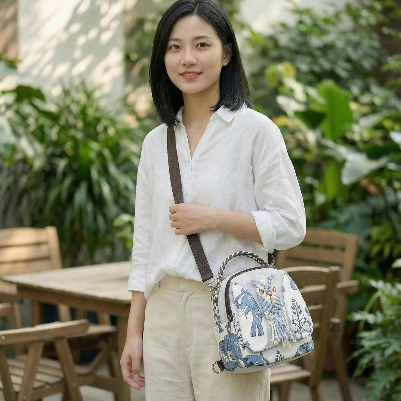Ethnic Style Hand-woven Owl-shaped Crossbody Bag with Floral Embroidery and Elephant Pattern on The Shoulder Strap Bag