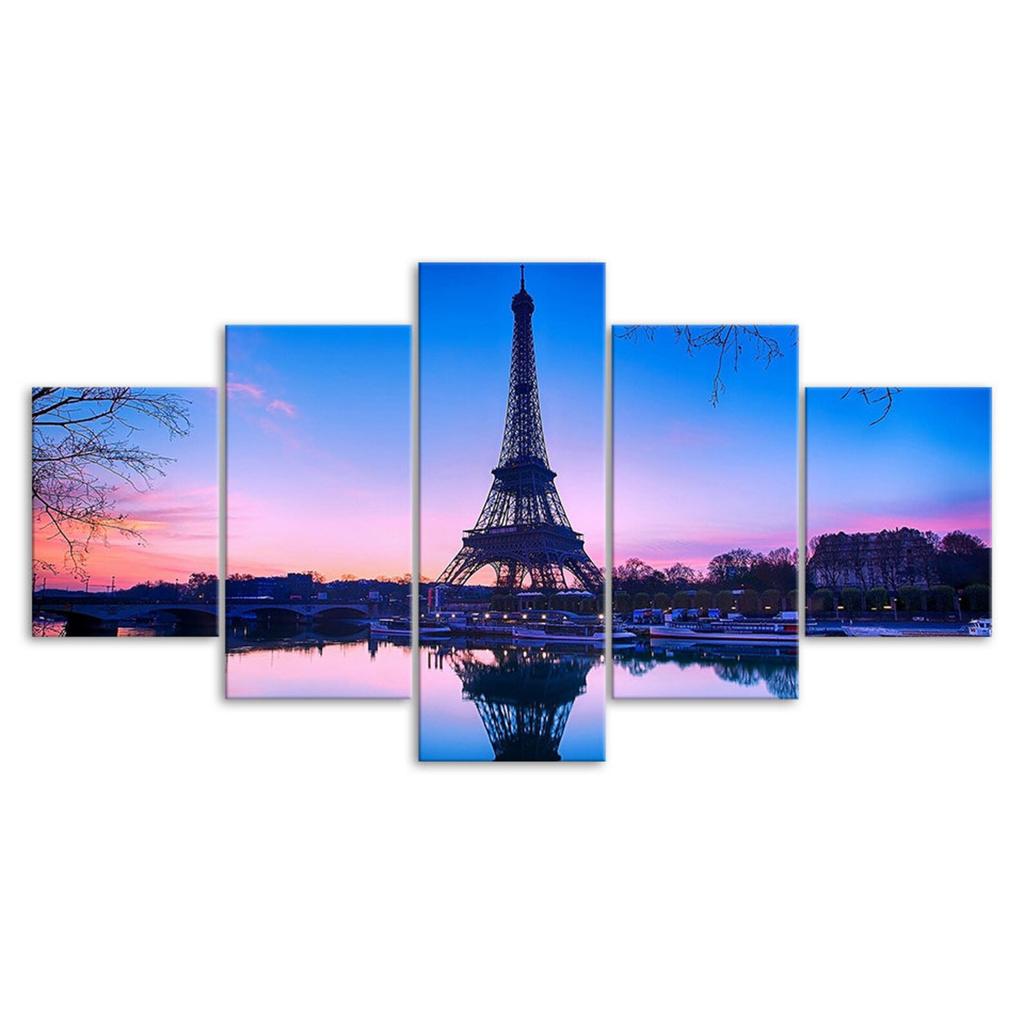 Eiffel Tower Paris Pink Sunset Scenery 5 Piece Five Panel Wall Canvas Print Modern Art Poster Picture Home Decor Gift For Him For Her