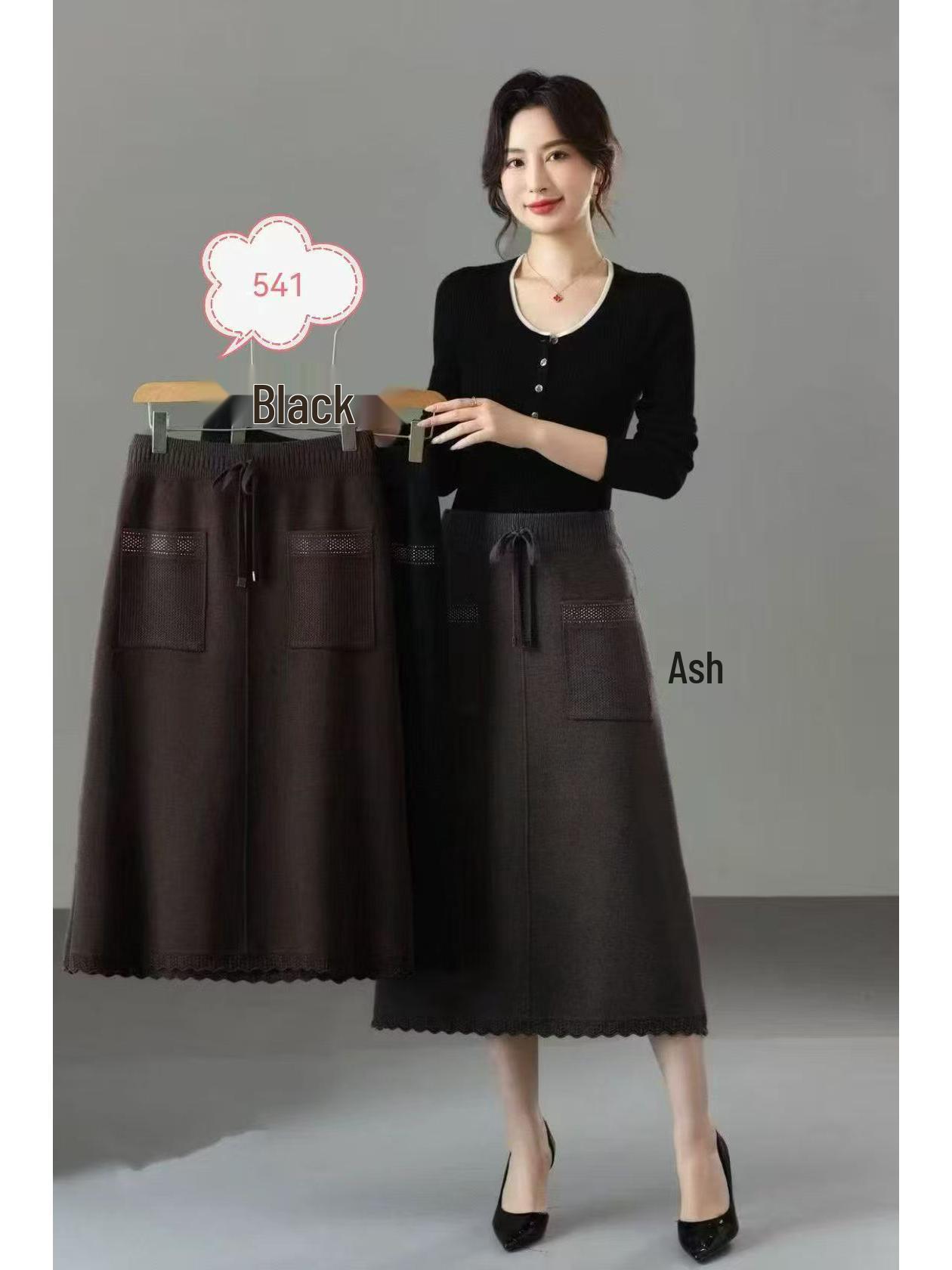 

Autumn/Winter Double Pocket Knit A-line Skirt - New Women s Long Casual Trendy Soft Umbrella Skirt One Size чёрный