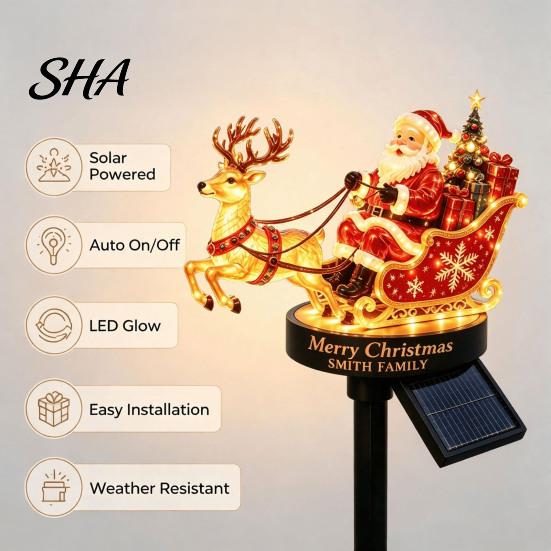 Warm White Festive Garden Lamps Santa And Reindeer Sleigh Solar Stake Light, LED Christmas Pathway Energy Saving Courtyard Decor Lamp, Powered Outdoor