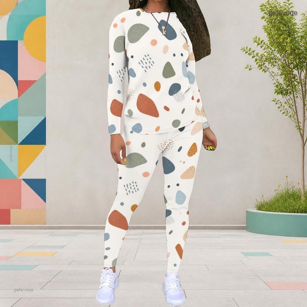 Women Plus Size Abstract Printed Round Neck Long Sleeve Top Fitted Pants Two Piece Set