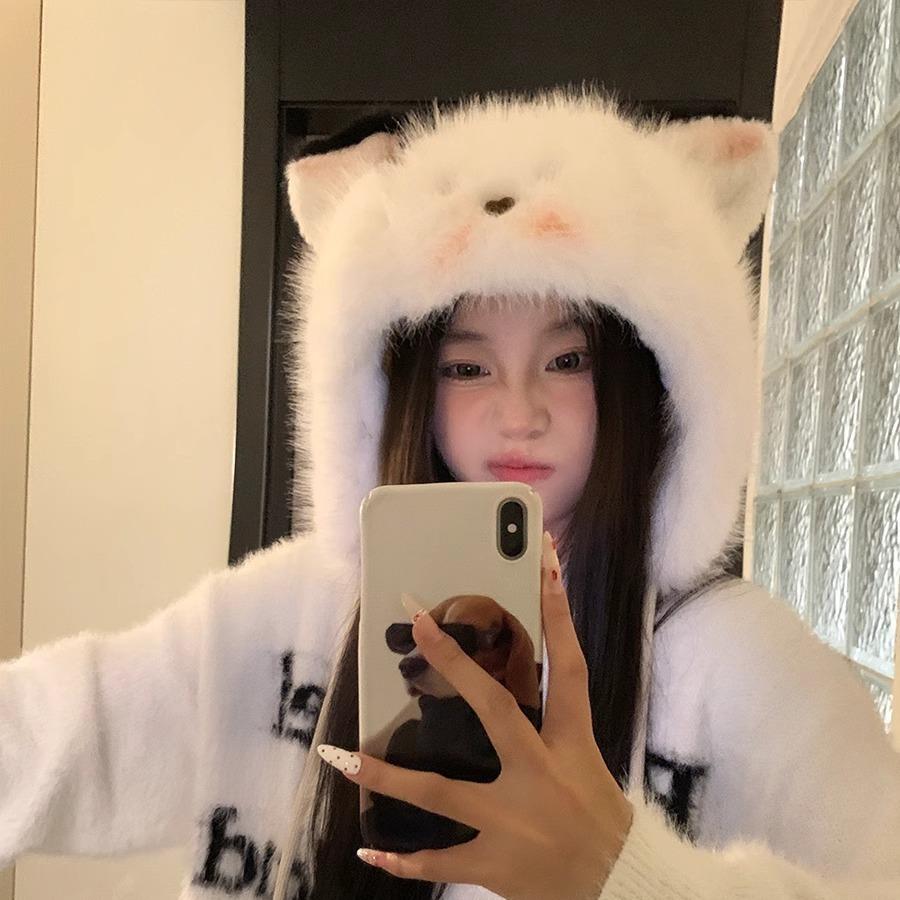 Cute Blush Fox Plush Hat Female Autumn And Winter Thickened Warm Ear Protection Lei Feng Cap Riding Ski Cap Tide