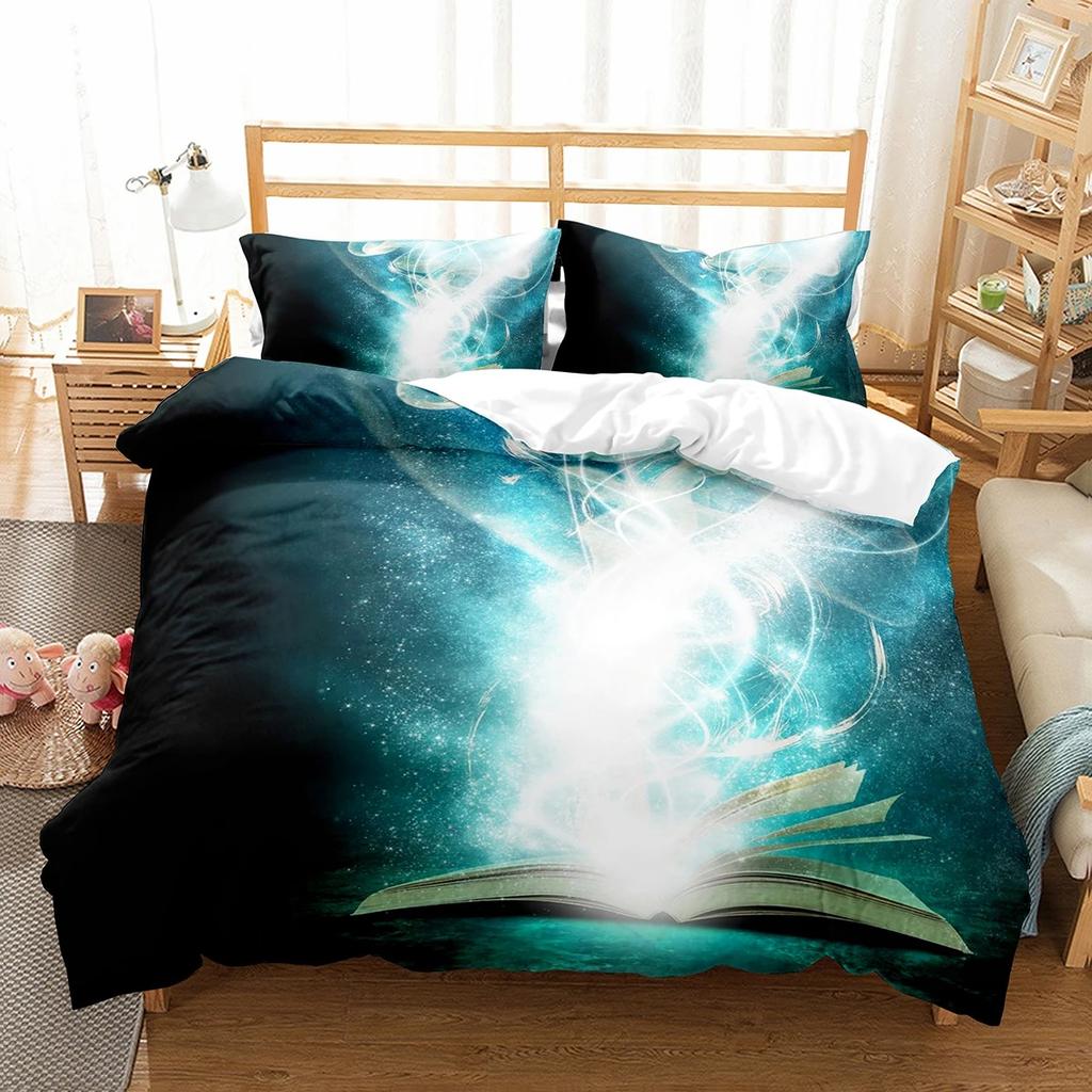 Magic Book Duvet Cover Set Purple Light Book Comforter Cover Lightweight Polyester Quilt Cover with Pillowcase for Boys Teens