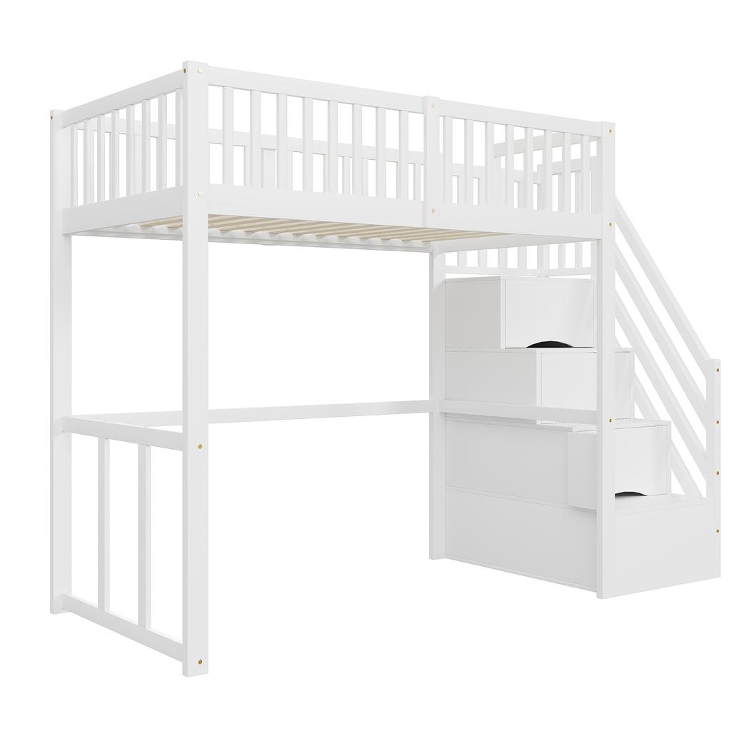 Letto a soppalco 90x200 con scala di sicurezza e contenitore, struttura del letto in legno massello di pino per bambini e adolescenti, bianco