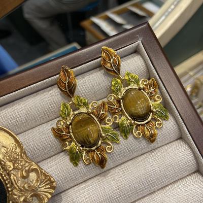"Surrounded By Gold Leaves" Drip Oil Enamel Color Tiger'S Eye Stone Earrings Copper Plated Real Gold Western Antique Court Earrings Women