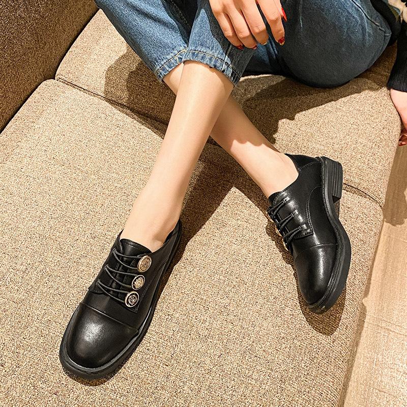 Sneakers Patchwork Leather Oxford Shoes Woman Thicken Soled Flats Medal Button Elastic Tied Loafers Femme Stiching Creepers