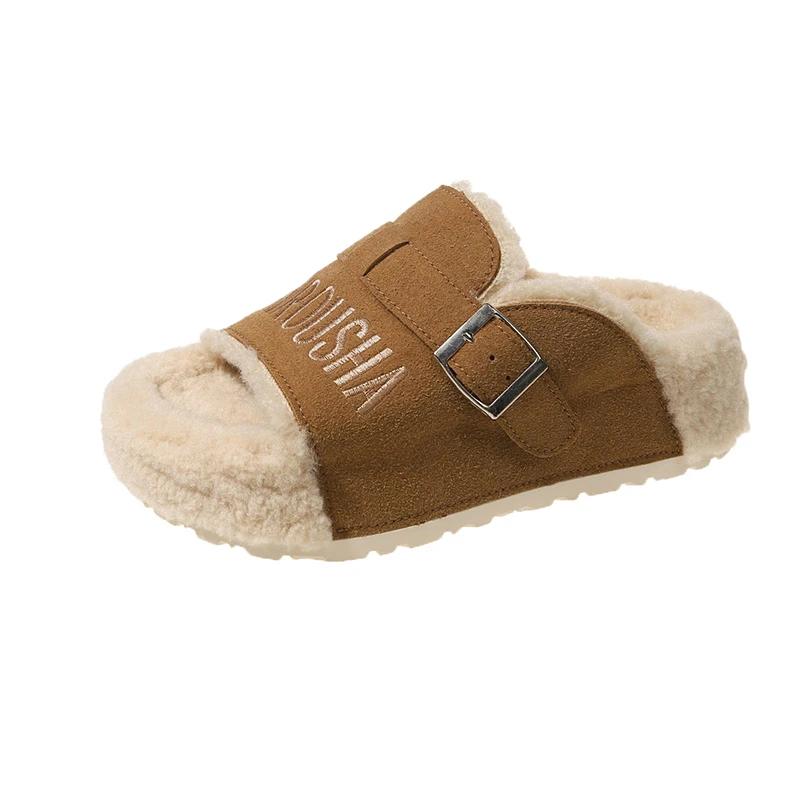 Fashion Women Fur Platform Slippers Suede Warm Flat Shoes Trend Winter New Flip Flops Casual Fashion Cotton Zapatillas Mujer Hot Selling