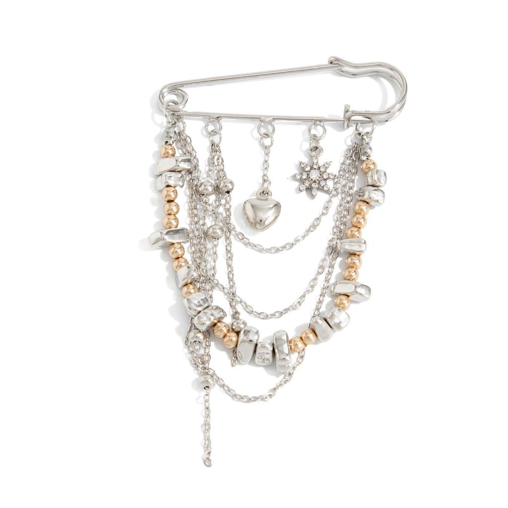 New Exaggerated Metal Chain Pendant Crystal Rivets Tassel Brooches for Women Man Charm Trousers Shortened Pins Rock Jewelry Gift