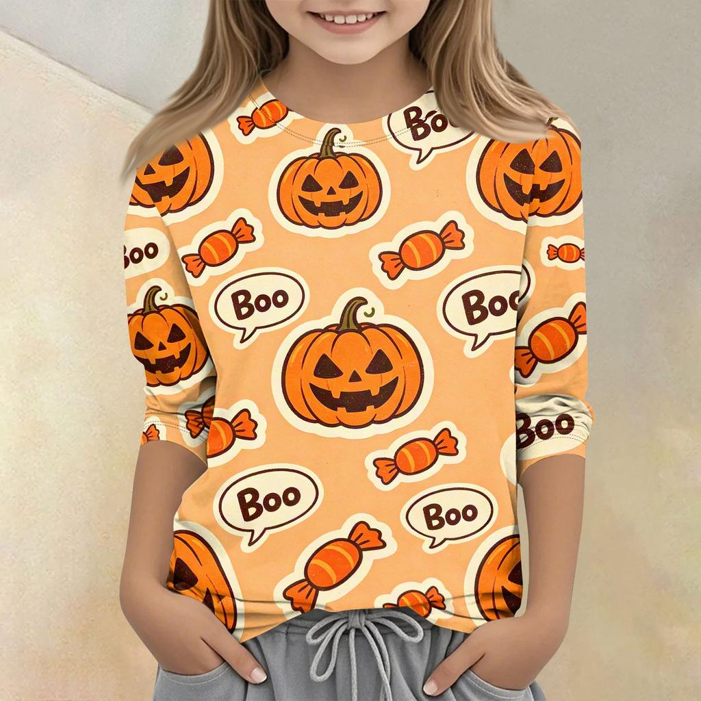 Kids Halloween Print Crew Neck Three Quarter Sleeve Casual T Shirt Top for Boys and Girls Soft Comfortable Fabric Suitable for Everyday Wear