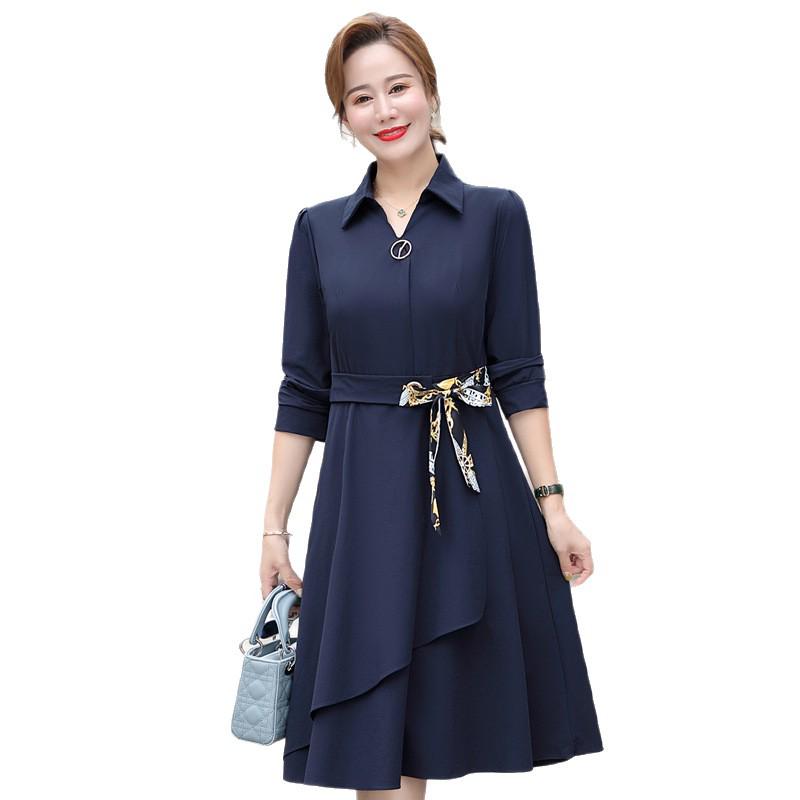 Spring 2026 Long-sleeve Dress for Middle-aged Women: Waist-cinching, Wide-leg Style for Spring and Autumn
