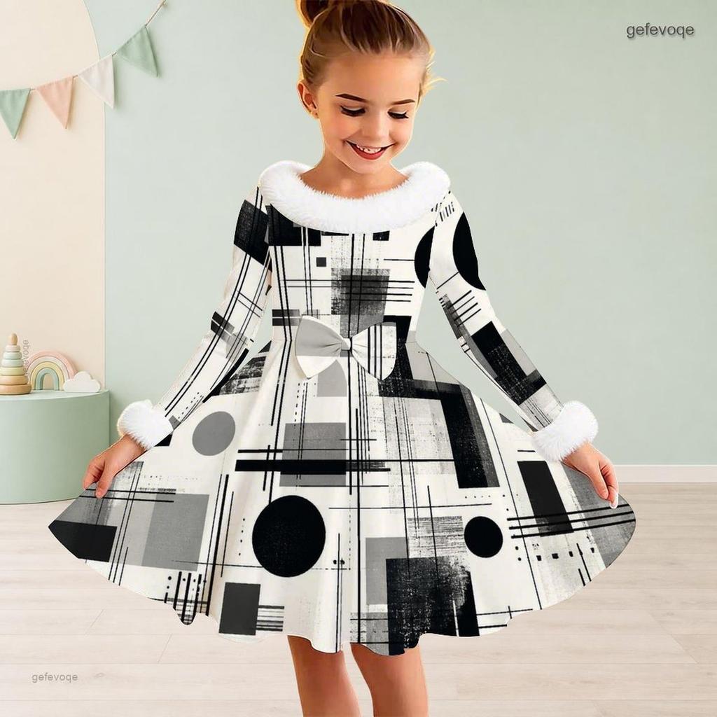 Girls Furry Trim Neck Long Sleeve Geometric Printed A Line Flared Dress With Waist Bow