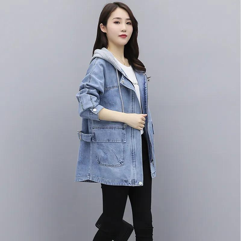 Women's Spring/Fall Mid-Length Causal Drawstring Trench Coat with Large Pockets and Hooded Denim Jacket