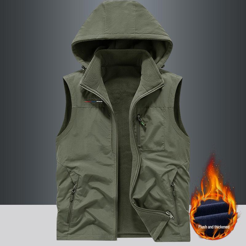 Gilet da uomo in pile Sherpa double-face con imbottitura in velluto, per esterni, con cappuccio staccabile