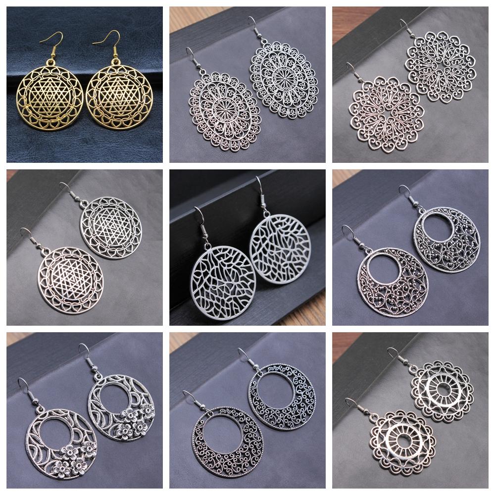 38 Styles Women Ethnic Style Jewelry Earrings Bohemia Carved Round Oval Waterdrop Flower Pattern Dangle Earrings Drop Earrings