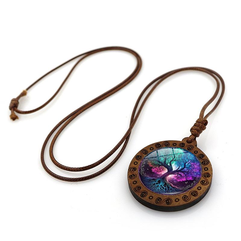 Colorful Tree of Life Wooden Pendant Necklace Women's Versatile Jewelry European and American Vintage Sweater Chain