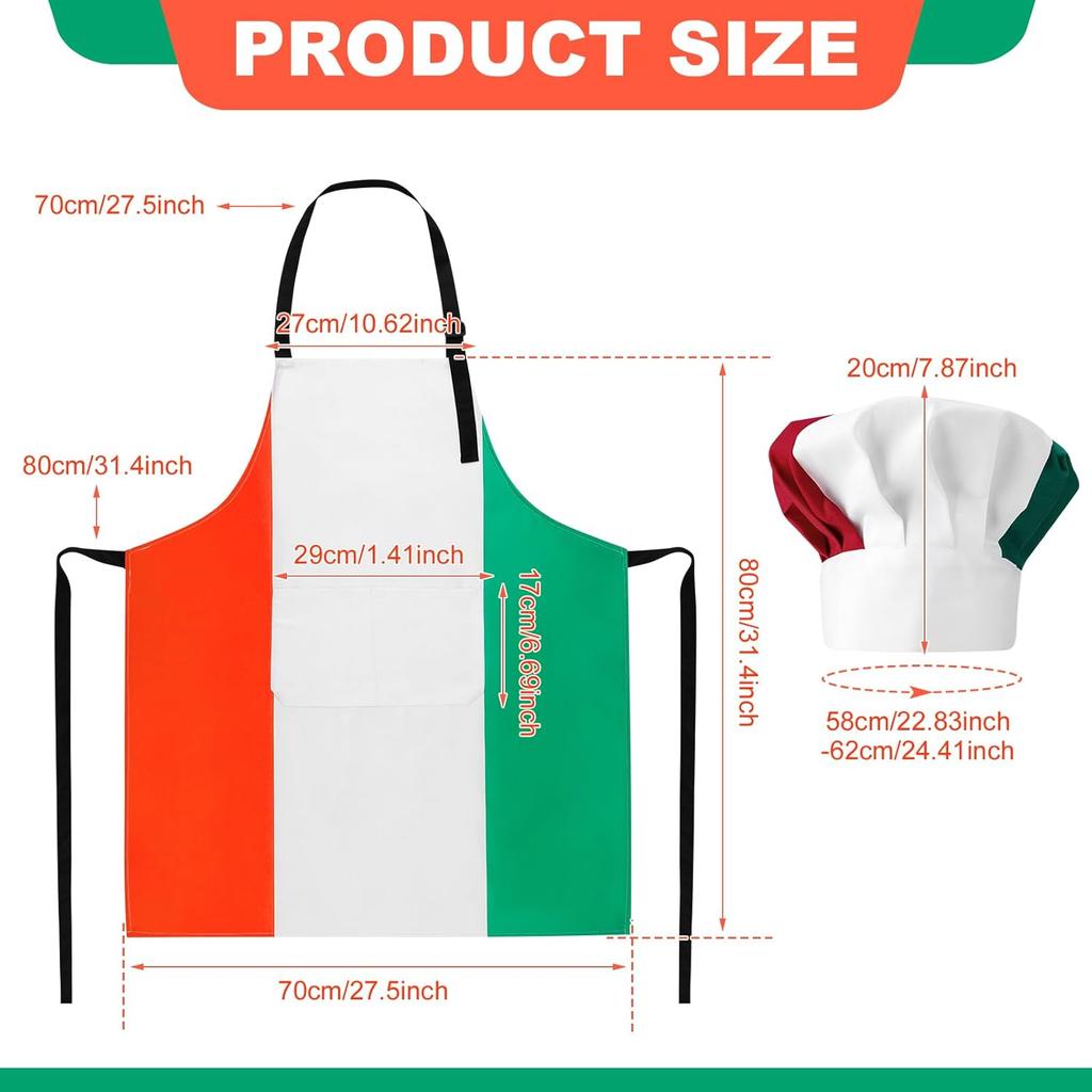 Italian Flag Apron and Chef Hat Set, Waterproof Cooking Apron for Women and Men, Pizza Chef Costume with 2 Pockets for Baking, Kitchen and Italian