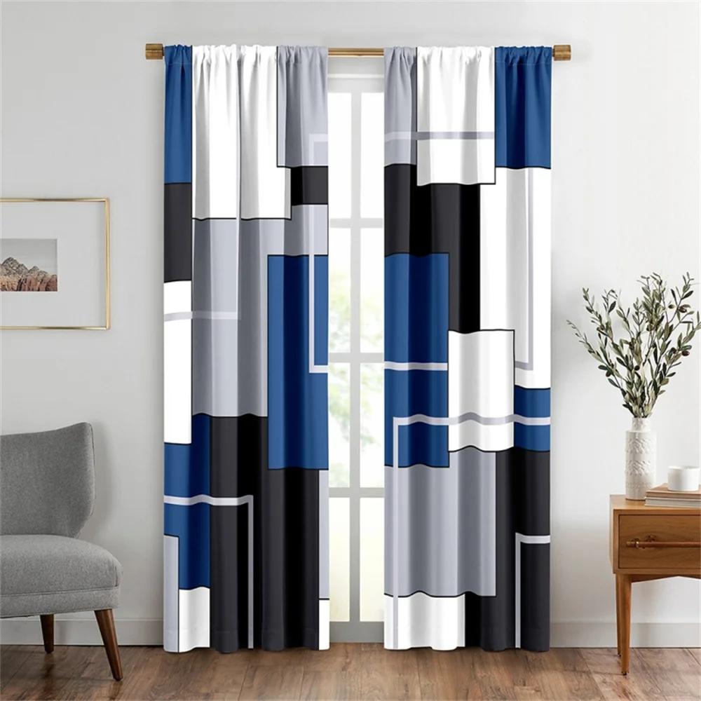 2PCS Abstract Geometric Stripes Rectangles Red Black Modern Light Filtering Curtains for Living Room Bedroom Window Drape Decor