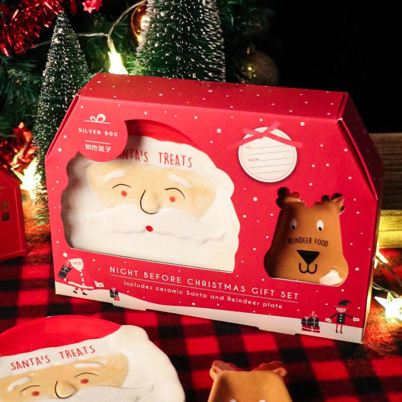 

Night Before Christmas Gift Set with Reindeer & Santa 3D Relief Hand-Painted Ceramic Treats Plates Perfect for Holiday Season 6 Inches червоний