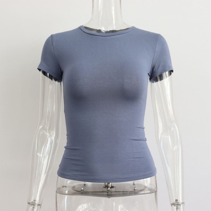 Summer Basic Round Neck Short-Sleeved T-Shirt for Women, Tight-Fitting, Sexy, European and American Style, Simple Pure Color, Versatile Top for Women