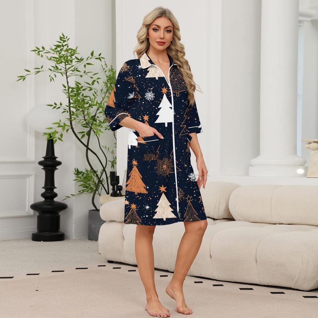 Vestaglia casual da donna con zip e stampa natalizia, maniche a tre quarti, lunghezza al ginocchio, leggera con tasche