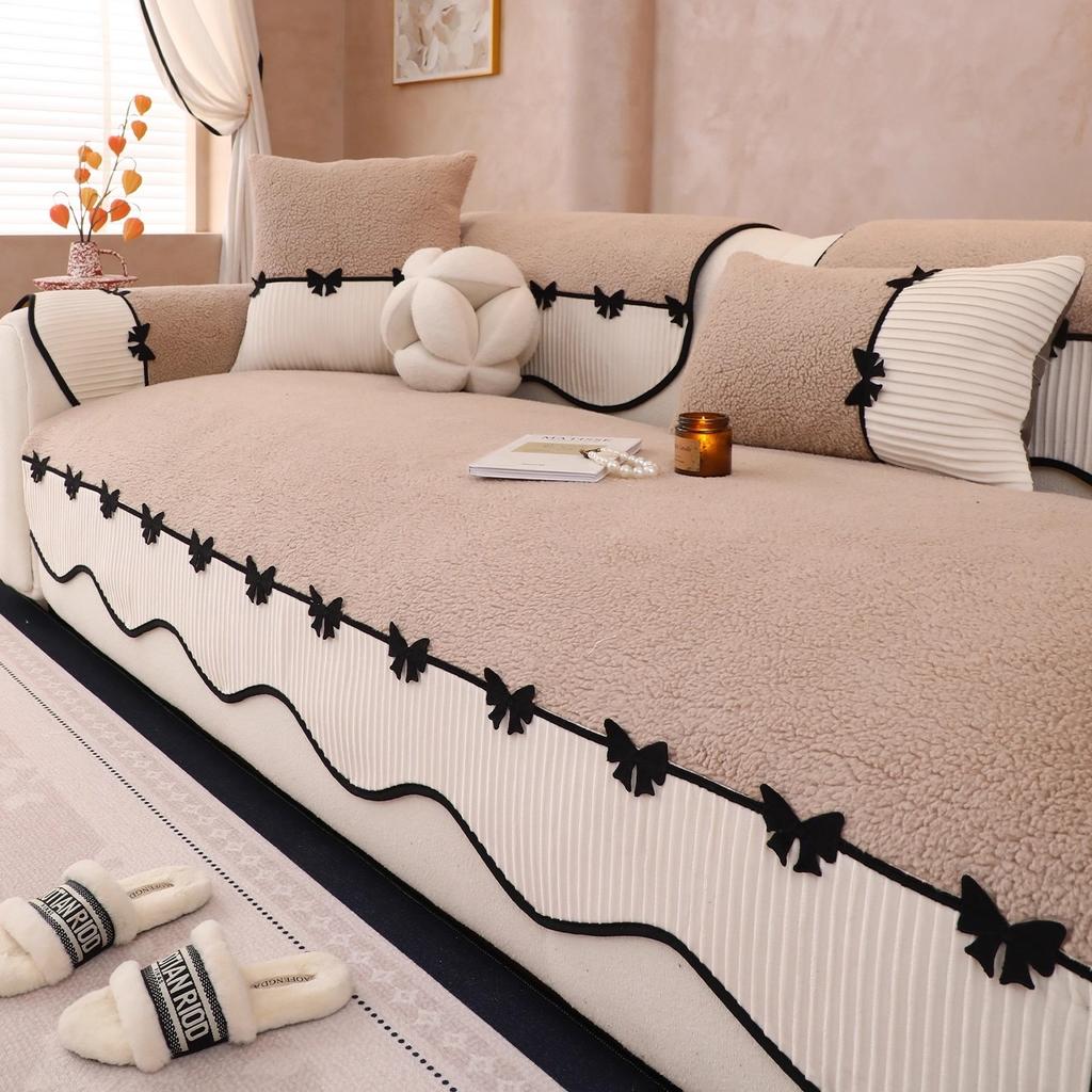 Solid Soft Warm Sherpa with Contrast Velvet Hem Non-Slip Sofa Cover, Butterfly Tie Lace Decored Sofa Towel Slipcover for Couches