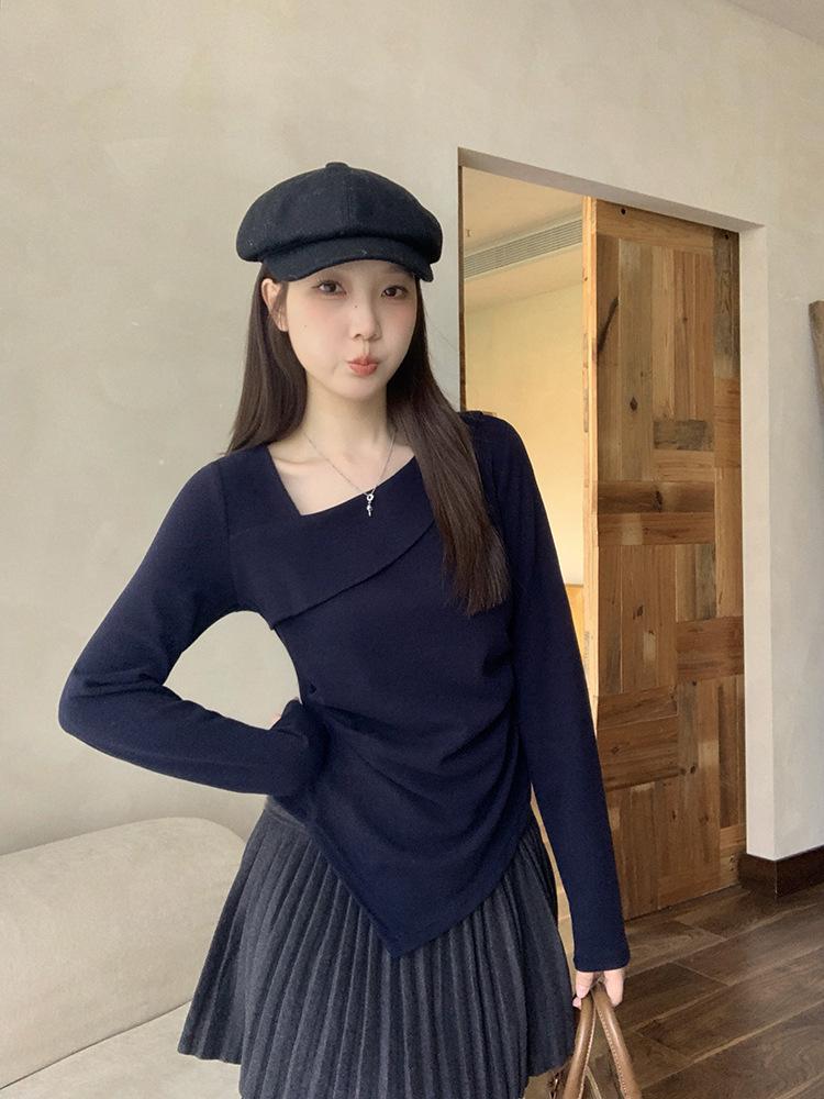 

Plus Size Women s Fashion Slanted Neck Irregular Slimming Long Sleeve T-shirt L королівський синій колір