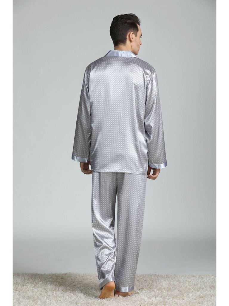 Men's Silk Printed Pajamas Set: Long Sleeve, Ice Silk, Plus Size, Spring/Summer Homewear.