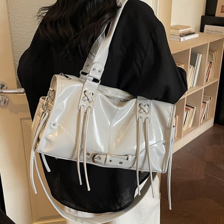 Bolsa tote feminina brilhante com cordão e franjas, bolsa de ombro
