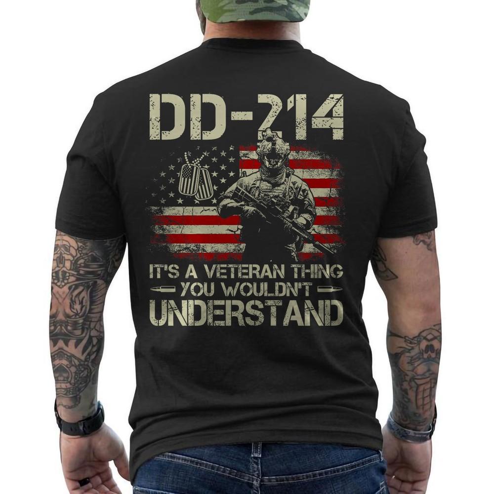 DD214 Veteran Patriotic Military Soldier American Flag ON BACK TShirt Unisex T-Shirt S