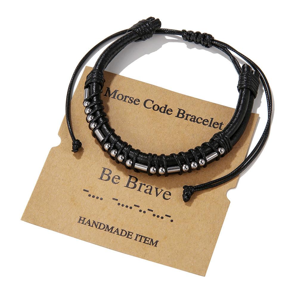 Morse-Code Lederarmband mit Edelstahl-Anhängern für Paare und als Geschenk