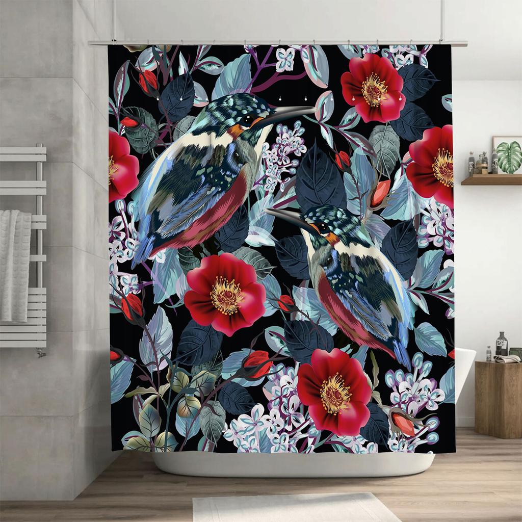 Természet ihlette fürdőszobai dekoráció Virágos madaras zuhanyfüggöny fürdőszobába Vízálló szövet fekete háttérrel (Méret 72x84)