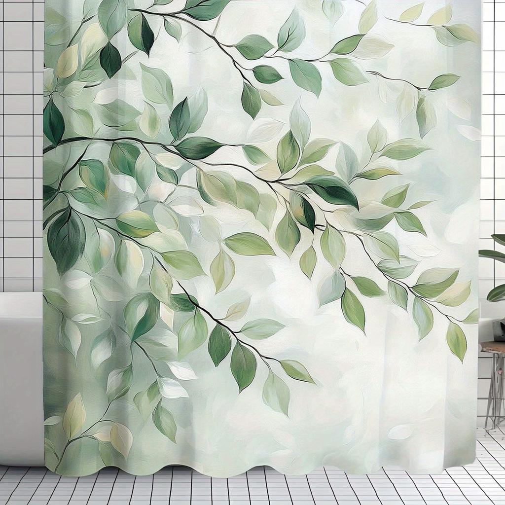 Open one piece retro simple green leaf print shower curtain with hook, machine washable, suitable for bathroom decoration