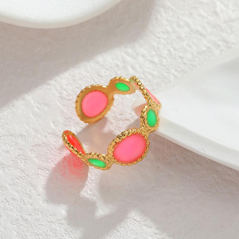 Best-Selling Retro Hong Kong Style 18K Gold Open Ring with Geometric Color Block Enamel and Colorfast Titanium Steel
