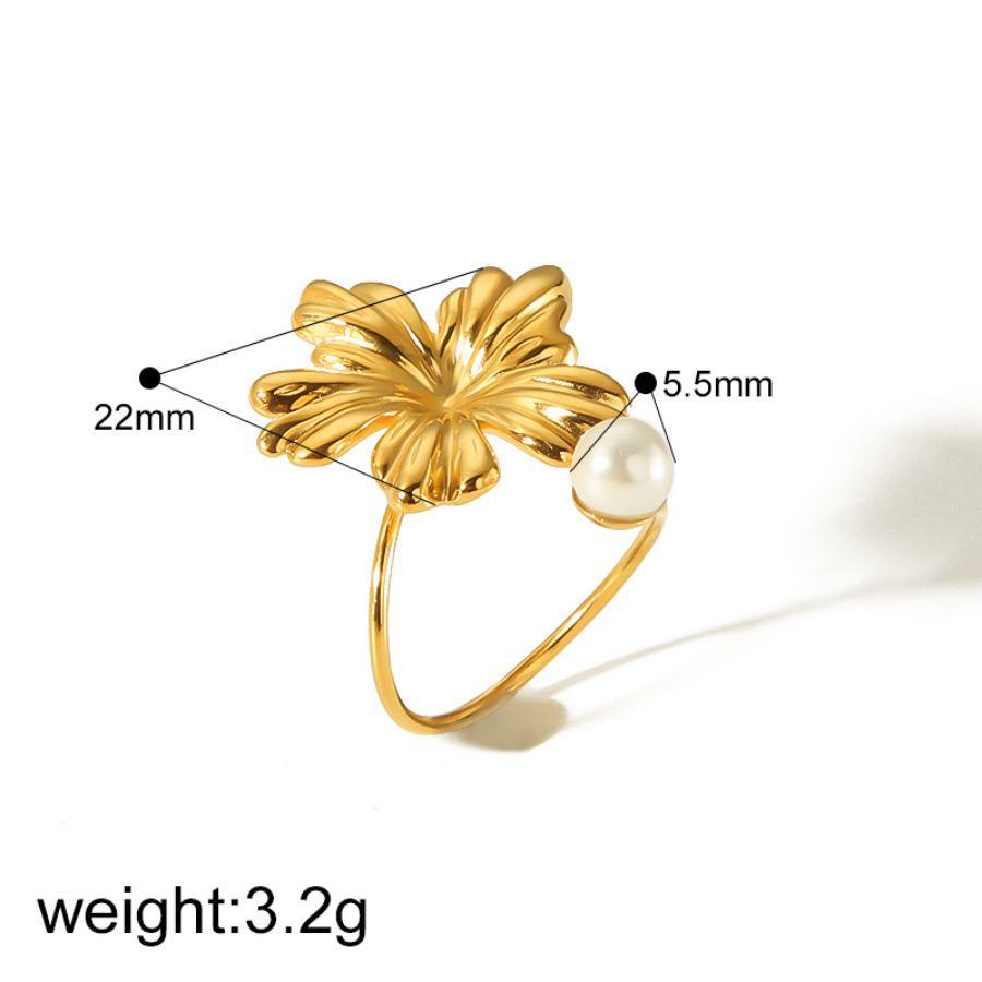 

18K Gold Titanium Steel Butterfly Flower Pearl Ring for Women - Versatile Open Design Adjustable Opening
