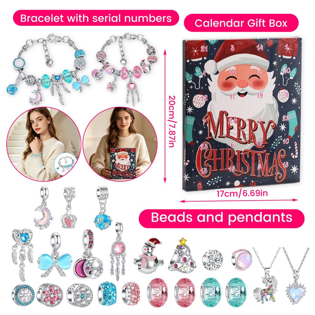 -Day Christmas Advent Calendar with Alloy Bracelet Jewelry Set, Gift for Women and Girls