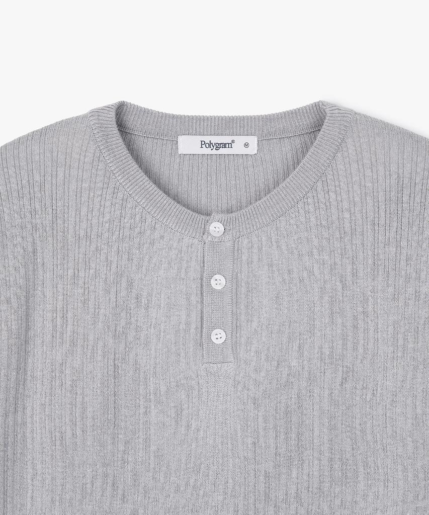 POLYGRAM Ribbed Henley Neck Short Sleeve Knit - Gray