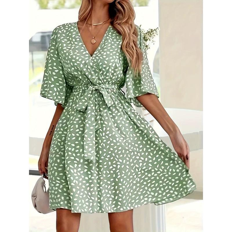 Women's Short-sleeved V-neck Lace-up Polka Dot Printed Short Dress