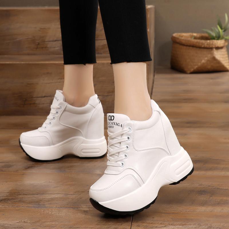 Women's Ankle Boots 2025 Autumn PU Leather Shoes Woman Platform Height Increased Sneakers 11 CM Thick Sole Wedges White Boots