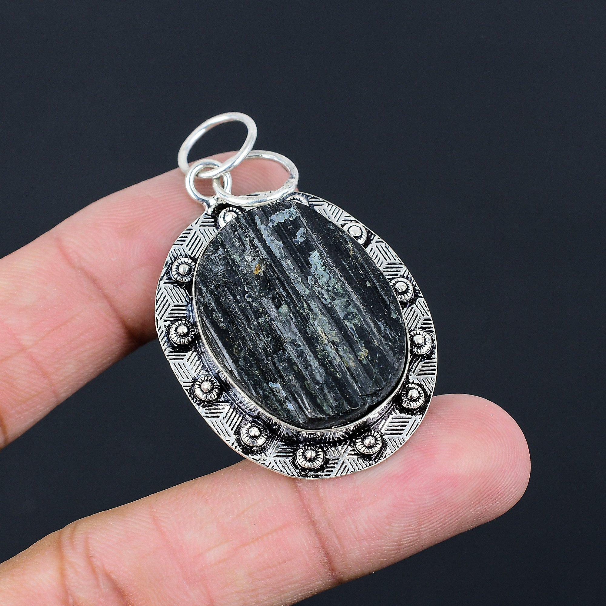 Womens day Deal 925 Sterling Silver Black Tourmaline Rough Stone Wedding Pendant