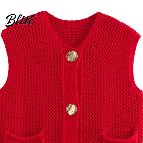 Vielseitige Damen Strickweste V-Ausschnitt Ärmellos Einreihig Mit Taschen Oberteil Zum Layering Weste Einfarbig Strickware