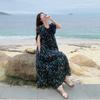 Black Light and Mature Wind Atmosphere Floral Platycodon Long Dress Summer New Bubble Sleeve Design Dress Women