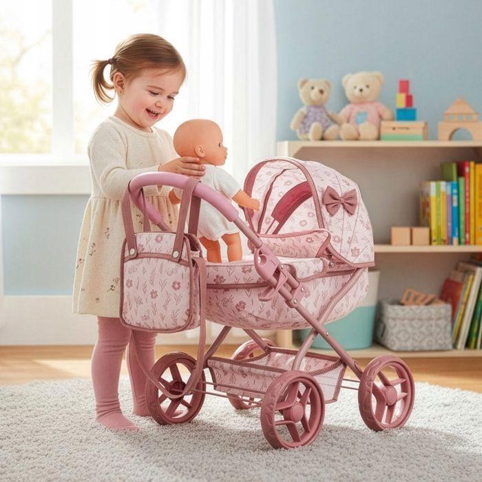 Poussette pour poupée - KINDERPLAY - KP0263A - Rose - Sac zippé - Panier inférieur