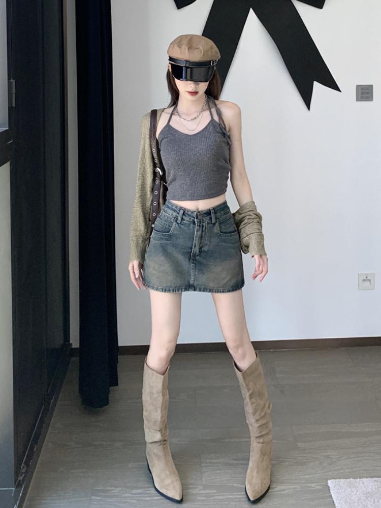 Summer Retro Blue Short Denim Skirt Women High Waist Fashion A-line Mini Skirts Female Slim Pockets Y2k Streetwear Jeans Skirt