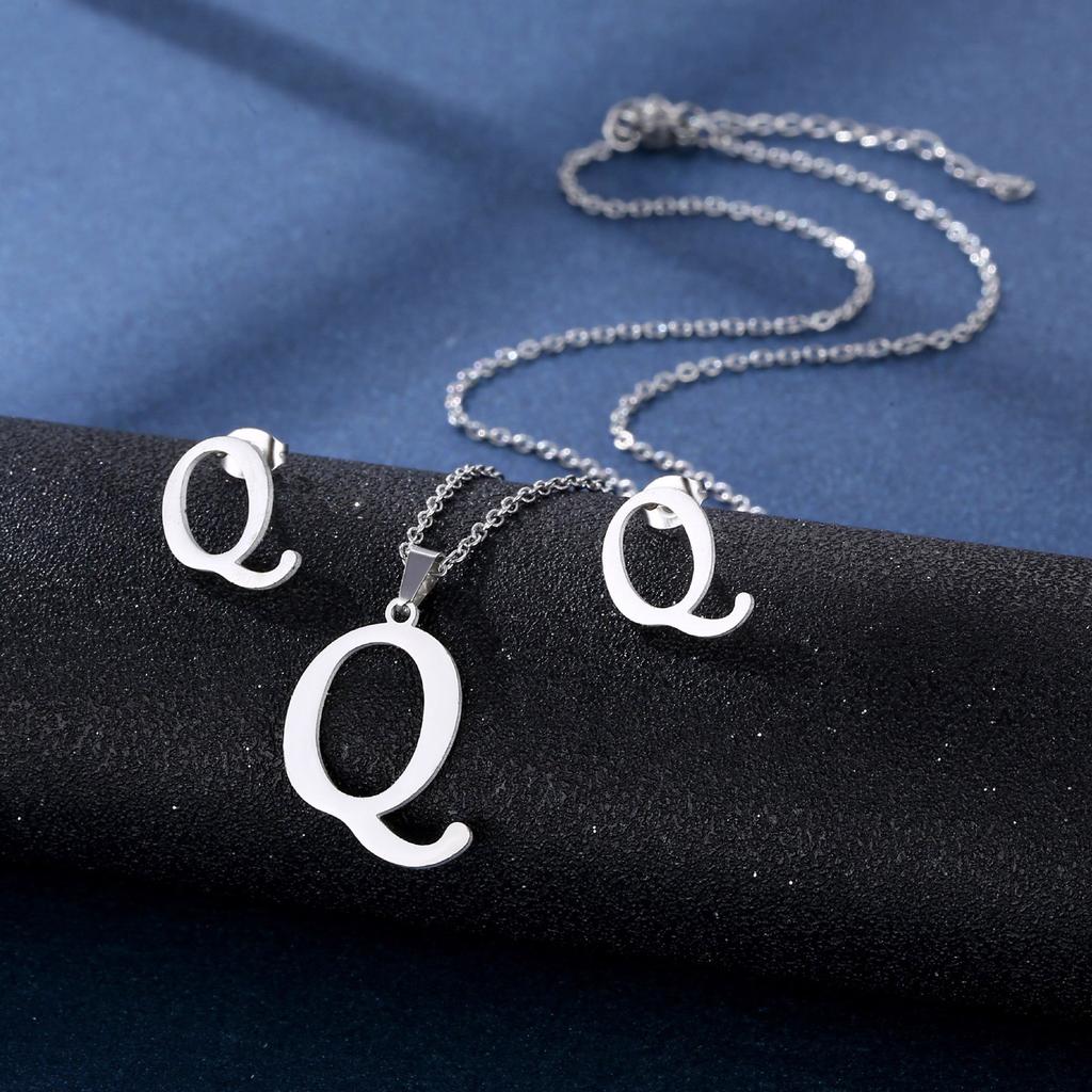 Stainless Steel Letter Pendant Necklace Unisex Jewelry Set Letter Earrings Party Accessory Present for Fashion Lover