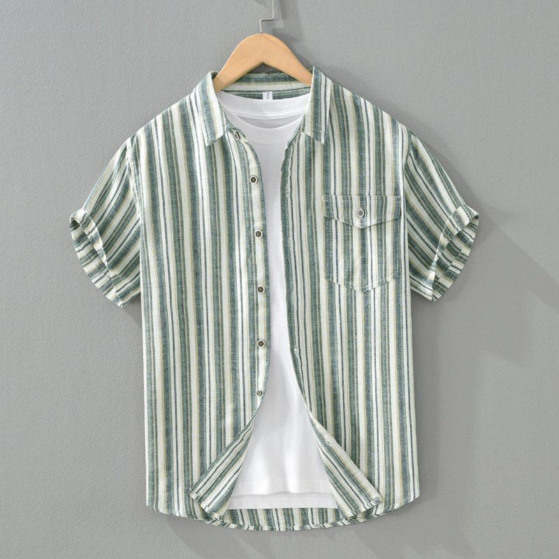 Fresh Breathable Color Matching Stripe Linen Short sleeve Shirts Men's Summer Casual Half Sleeve Japan fashion Retro Cotton and Linen Shirt