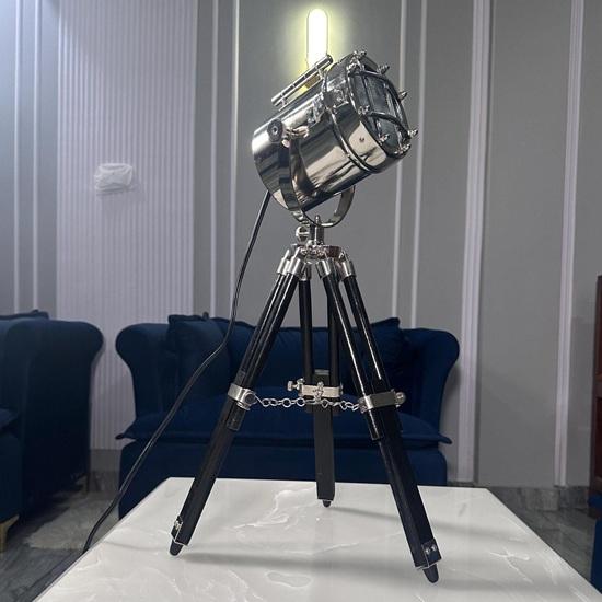 Nautical Spotlight Floor Lamp: Nickel Black Wooden Tripod