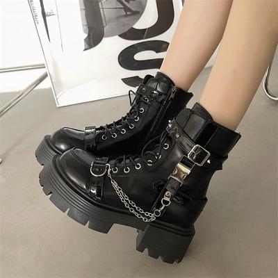 2024 Brand New Goth Platform Ankle Boots Ladies Fashion Buckle Zip Rivet Punk Boots Women Fashion Metal Chain Design Short Boots