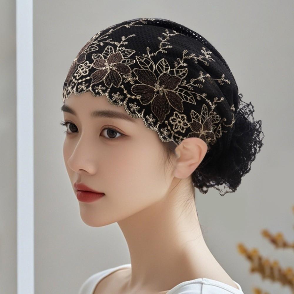 Soft Beauty Lace Curling Hat Breathable Polyester Elderly Beauty Cap Dome Embroidered Flowers Mesh Lace Pullover Cap Gifts